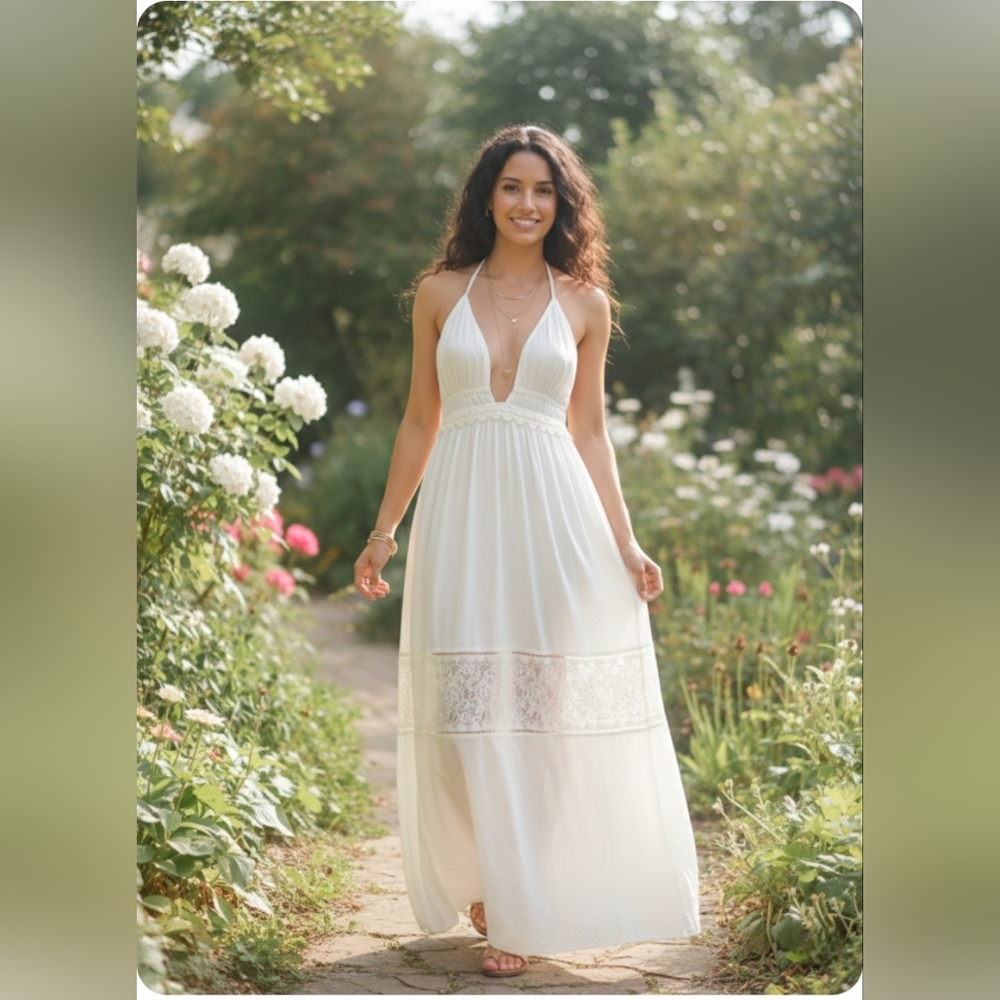 Stunning Boohoo Lace Insert Hallterneck Sexi Maxi Dress Cream Sz 10 New With T